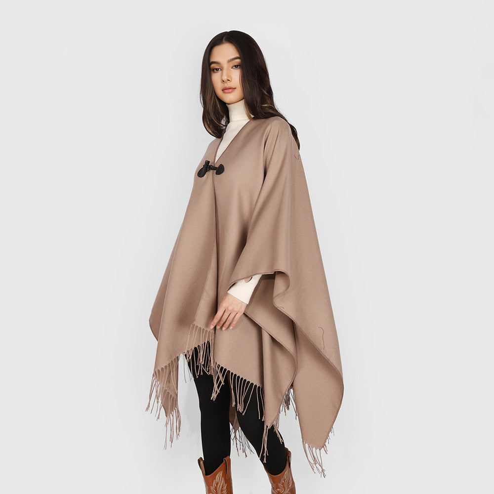 Women's Kastiger Cape Wrap with Fringes and Toggle Closure Mune Fashion