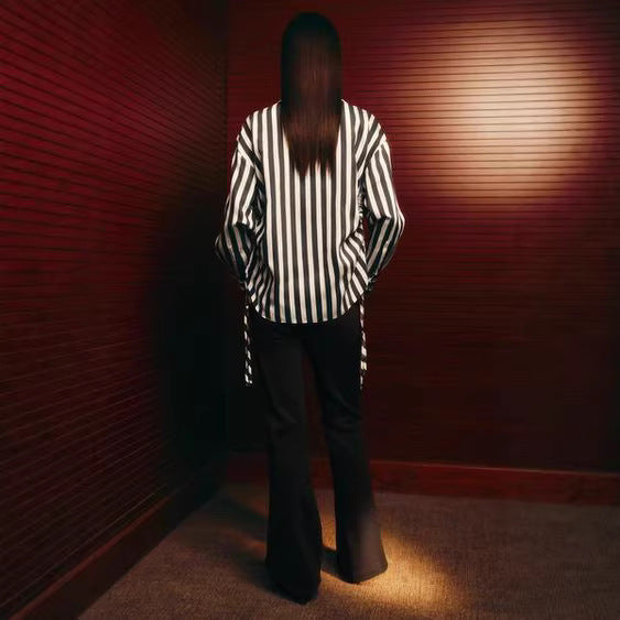 Women Oversized Shirt Blouse with Vertical Stripe Pattern and Side Lacing Mune Fashion