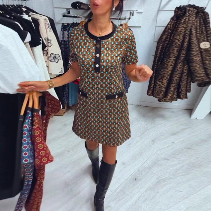 Women's Retro A-Line Mini Dress with Geometric Pattern, Contrast Trim and Decorative Pocket Detail Mune Fashion