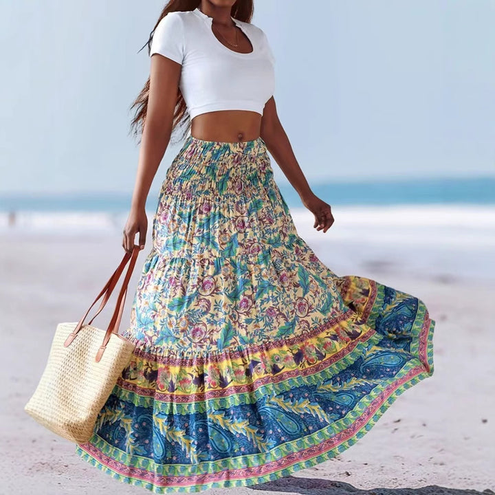 Women's maxi skirt with elastic smocked waistband and flowing paisley print Mune Fashion