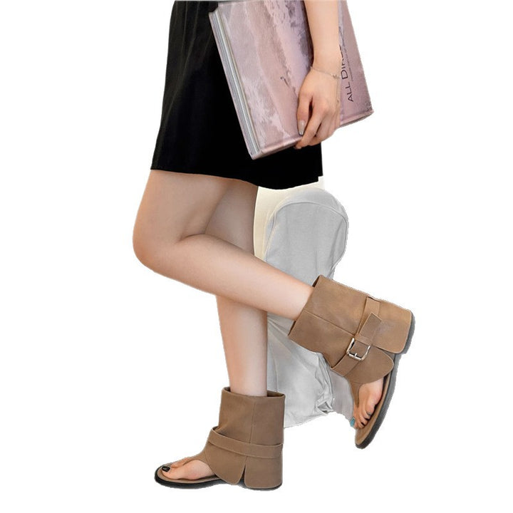 Women's Slouchy Toe Ring Mule Boots with Wide Shaft and Decorative Belt Mune Fashion
