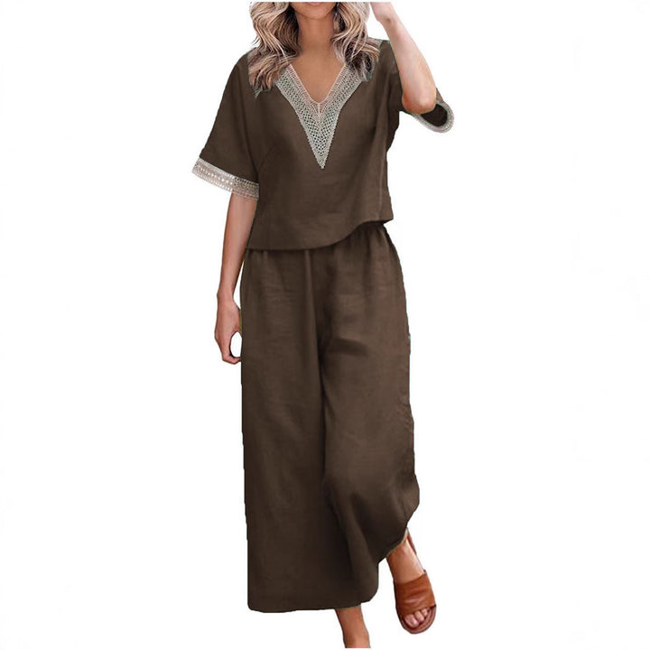 Ladies Fashionable Two-Piece Set with V-Neck and Decorative Accents Mune Fashion