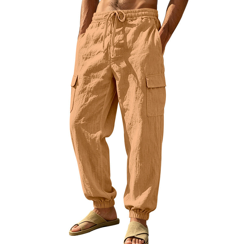 Men's lightweight cargo jogger pants made of linen blend with elastic drawstring waistband, patch flap pockets, and ribbed leg cuffs Mune Fashion