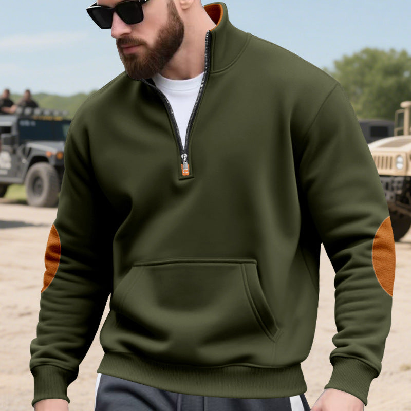 Men's half-zip sweatshirt with stand-up collar, kangaroo pocket, and contrasting elbow patches Mune Fashion
