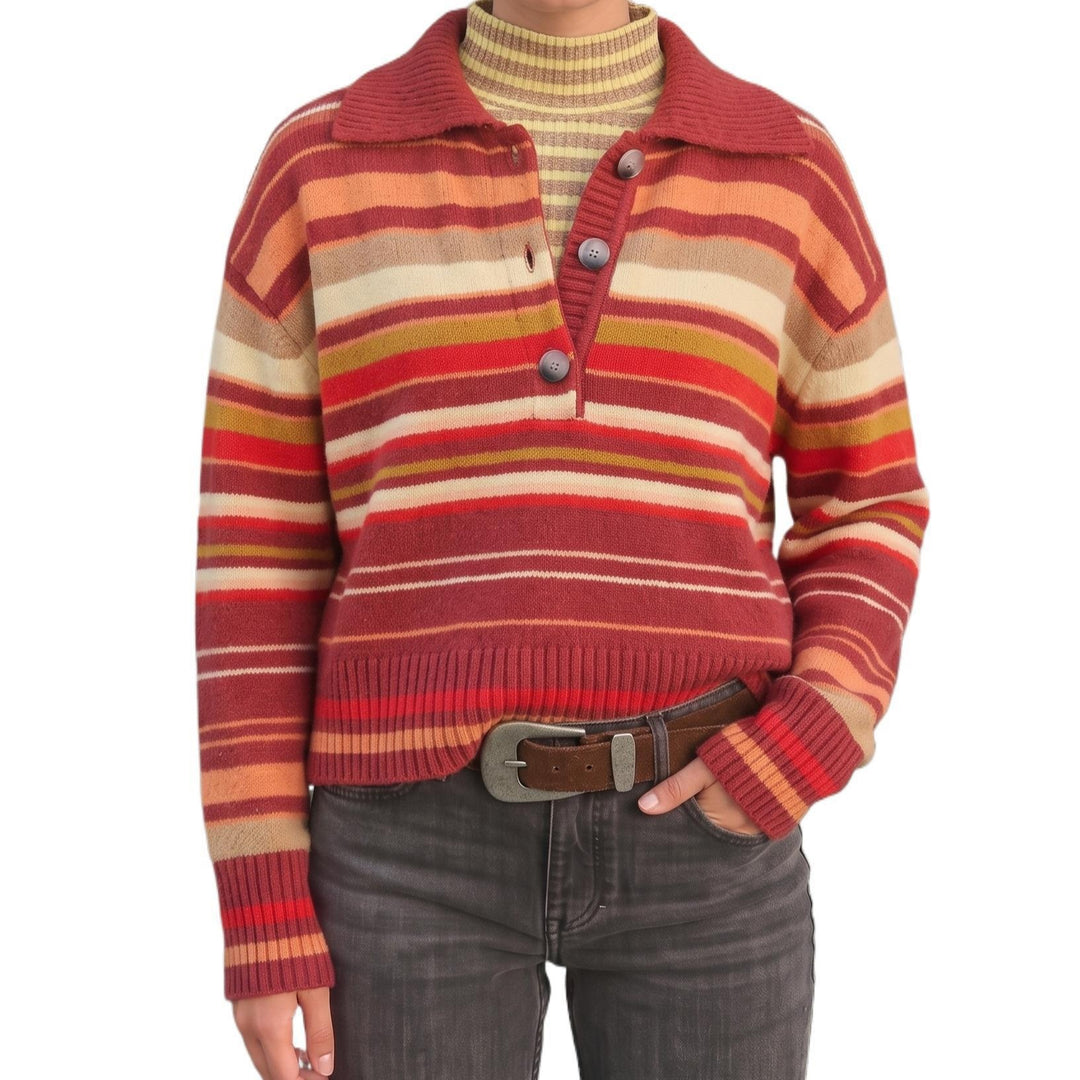 Women Striped Knitted Sweater with Polo Collar & Button Placket Mune Fashion