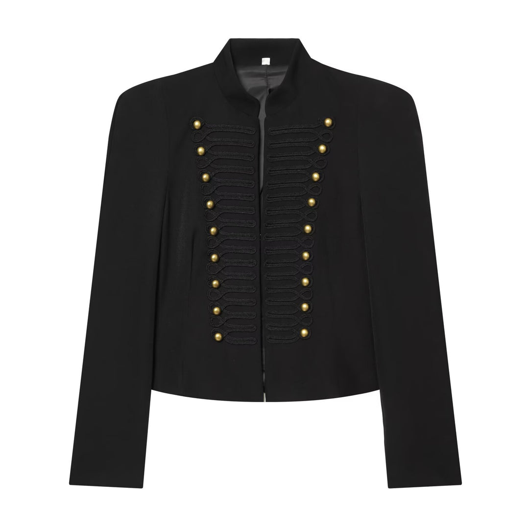 Women's Short Field Blazer with Stand Collar, Cord Decoration and Brass Buttons Mune Fashion
