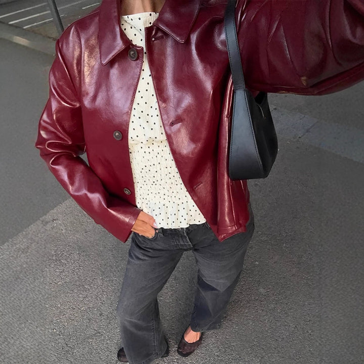 Women's Boxy Faux Leather Jacket with Shirt Collar and Straight Cropped Cut Mune Fashion