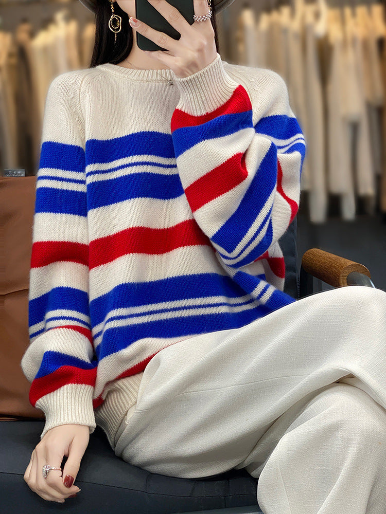 Women’s oversized striped sweater made of soft wool blend with nautical block stripes and round neck Mune Fashion