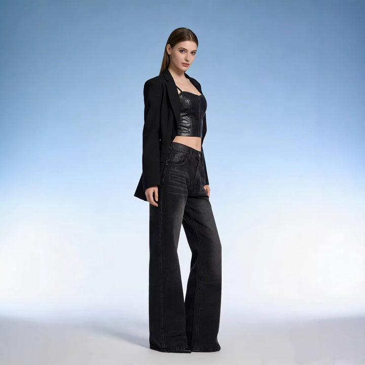 Women's high-waisted jeans with a slim hip fit and wide flare in retro style Mune Fashion