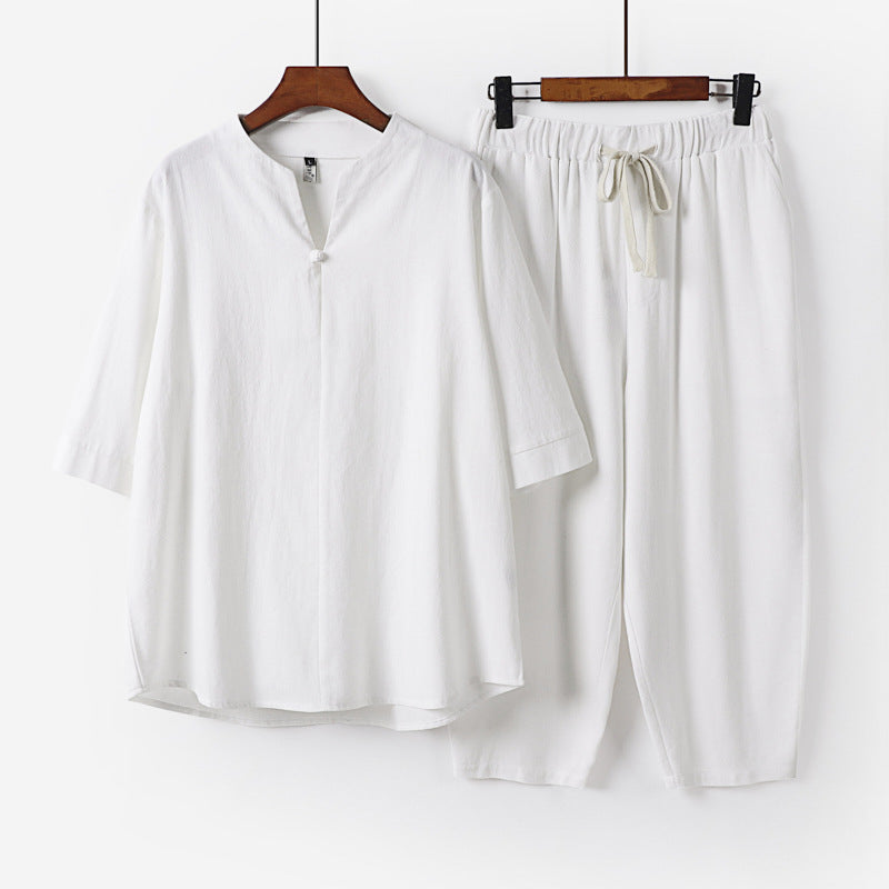 Women Lightweight Linen-Cotton Loungewear Set with Stand Collar, Three-Quarter Sleeves and Elasticated Waist Pants Mune Fashion