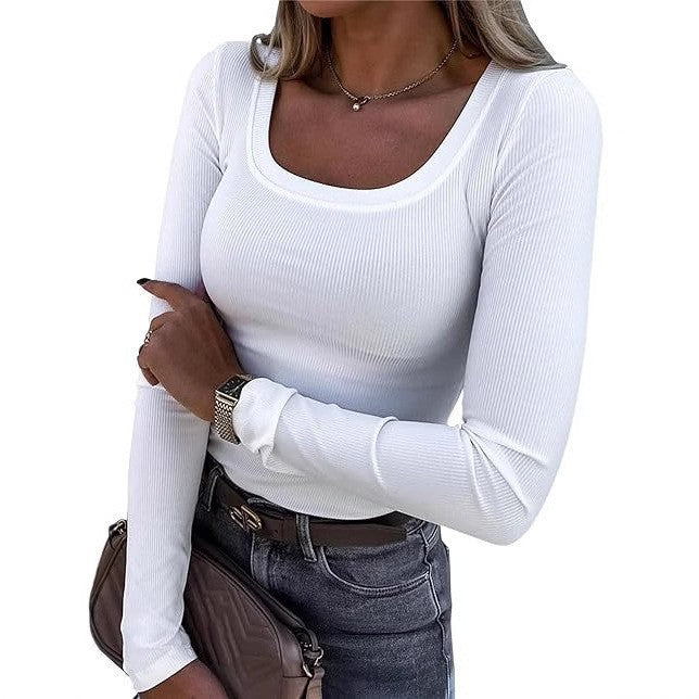 Women's form-fitting ribbed long sleeve with wide square neckline and stretch material