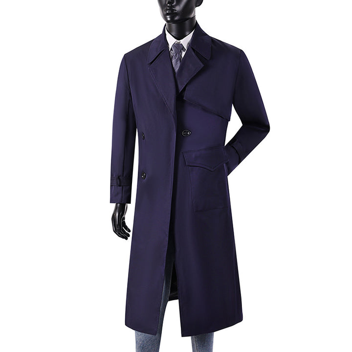 Men's long coat in trench coat style with storm flap, asymmetrical pockets and classic lapel Mune Fashion