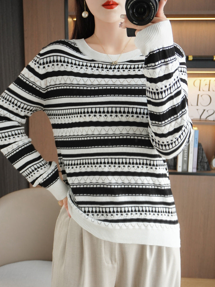 Women Lightweight Round Neck Fine Knit Sweater with Geometric Eyelet Stripe Pattern Mune Fashion