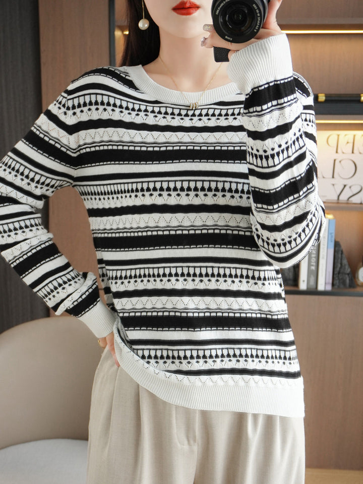 Women Lightweight Round Neck Fine Knit Sweater with Geometric Eyelet Stripe Pattern Mune Fashion