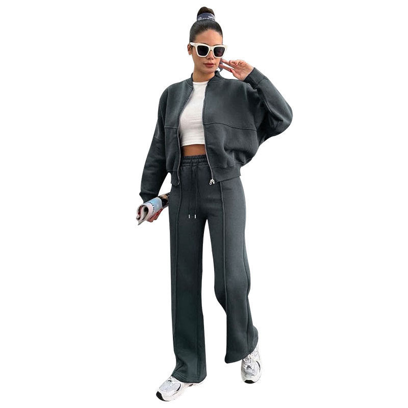 Women’s cropped bomber jacket with zipper and loose high-waist joggers set Mune Fashion