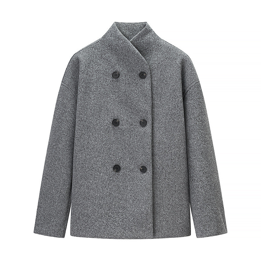Women Oversized Double-Breasted Wool Coat with Stand-Up Collar Mune Fashion