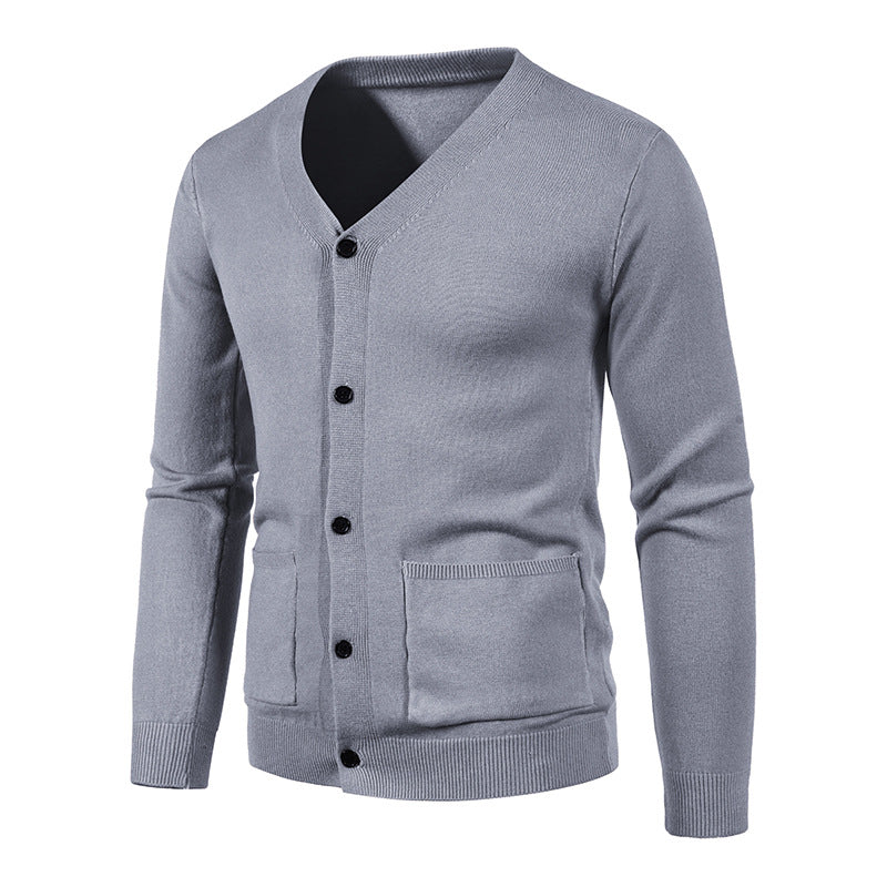 Men's slim fine knit cardigan with V-neck, button placket, and patch pockets Mune Fashion