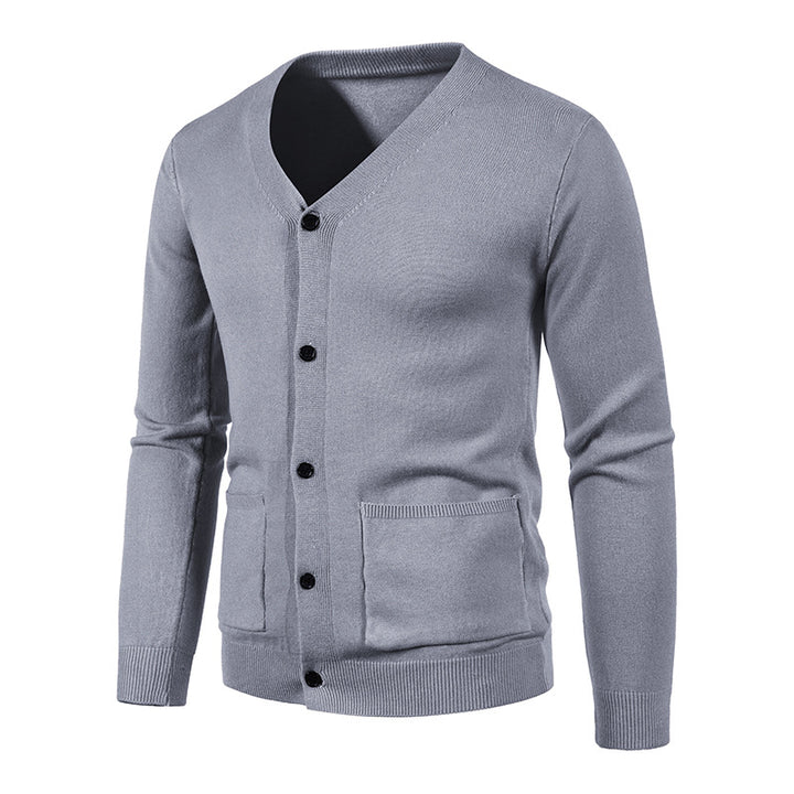 Men's slim fine knit cardigan with V-neck, button placket, and patch pockets Mune Fashion