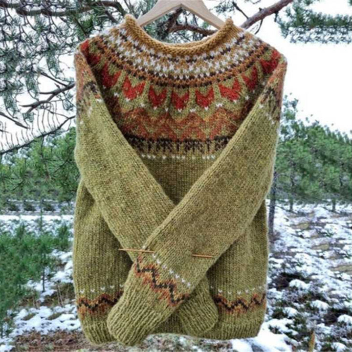 Women's Norwegian sweater made of wool blend with round neck and traditional Fair Isle yoke Mune Fashion