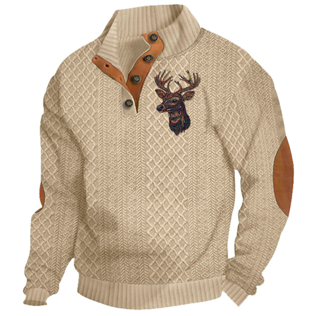 Men's nan Heritage textured pullover with stand-up collar faux leather trim elbow patches and half-button placket Mune Fashion