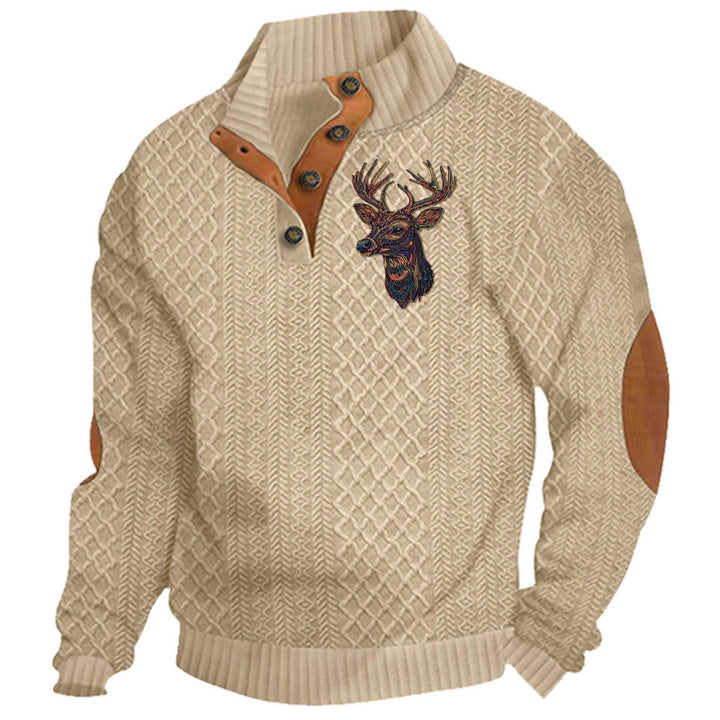 Men's nan Heritage textured pullover with stand-up collar faux leather trim elbow patches and half-button placket Mune Fashion