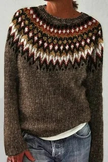 Women's gray marled round neck sweater with circular jacquard yoke and ribbed hem Mune Fashion
