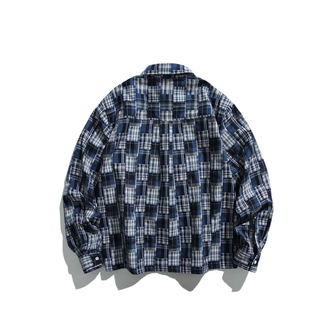 Unisex Patchwork Check Shirt Jacket in Oversize Boxy Cut with Chest Pocket and Kent Collar Mune Fashion