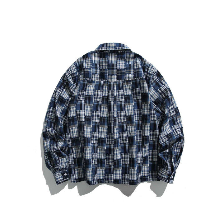Unisex Patchwork Check Shirt Jacket in Oversize Boxy Cut with Chest Pocket and Kent Collar Mune Fashion