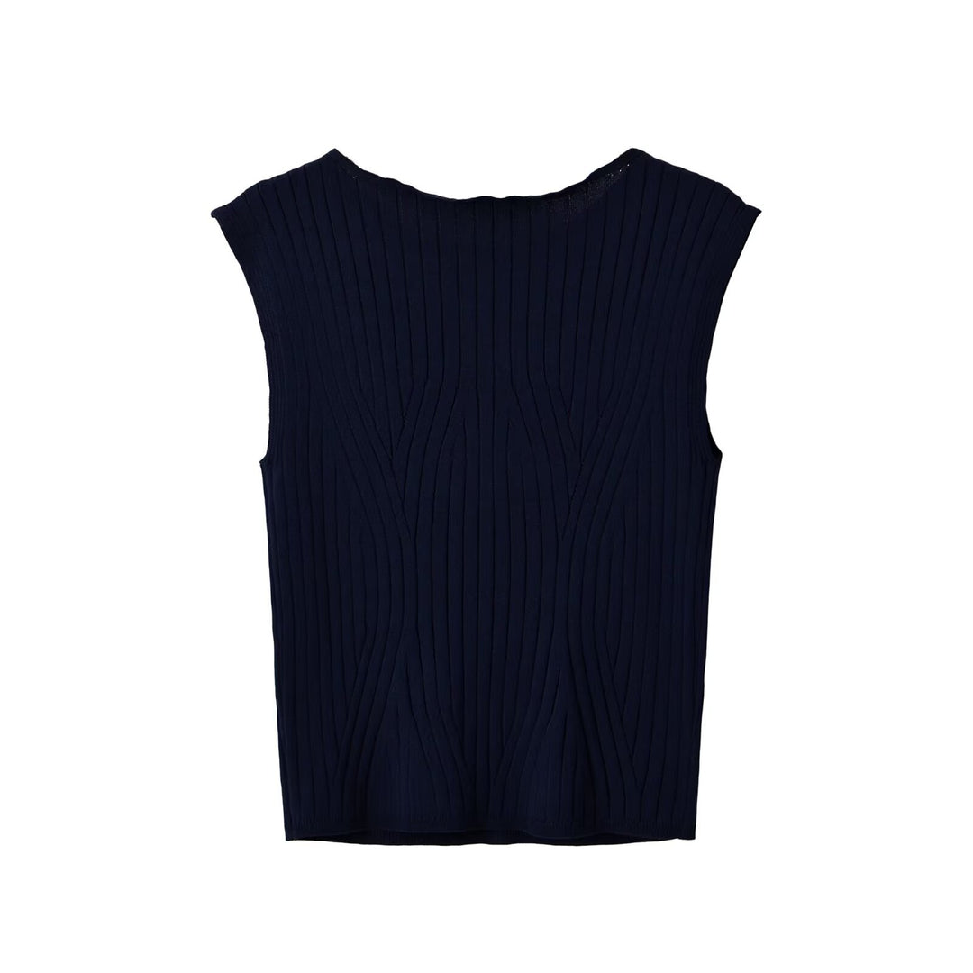 Women Fitted Sleeveless Ribbed Top with Wide Round Neckline and Textured Stitching
