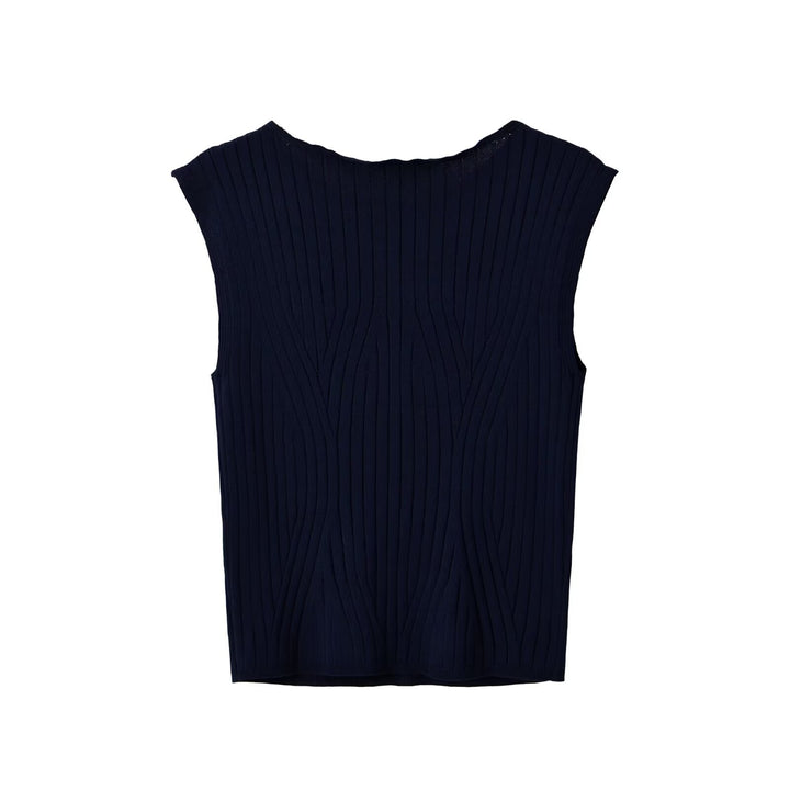 Women Fitted Sleeveless Ribbed Top with Wide Round Neckline and Textured Stitching
