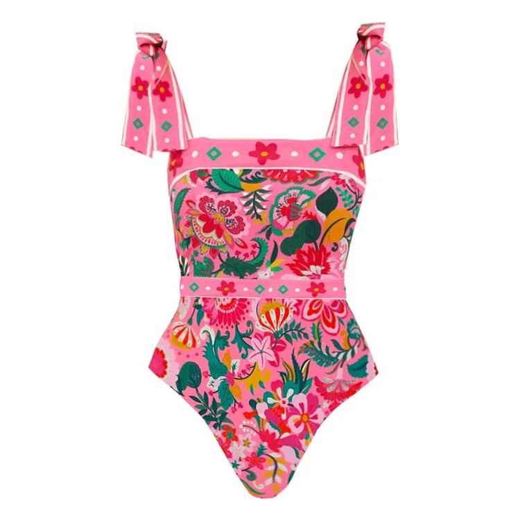 Women Floral Motif Swimsuit with Playful Strap Design Mune Fashion