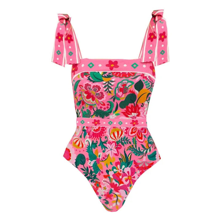Women Floral Motif Swimsuit with Playful Strap Design Mune Fashion