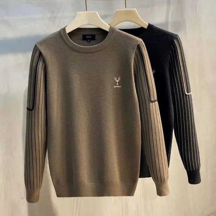 Men's sweater with striped ribbed sleeves and embroidered deer logo Mune Fashion