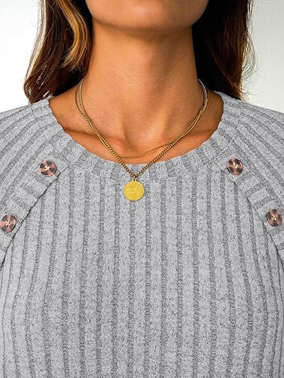 Women Ribbed Round Neck Sweater with Decorative Shoulder Buttons Mune Fashion