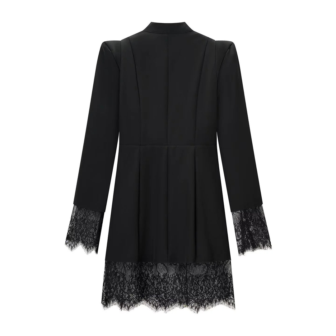 Women's midi dress with stand-up collar, cut-out front, gold decorative fasteners, and lace trim Mune Fashion