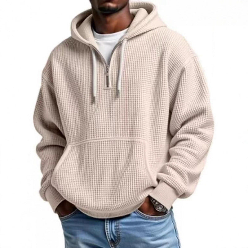 Men's waffle texture hoodie with half zipper and kangaroo pocket Mune Fashion
