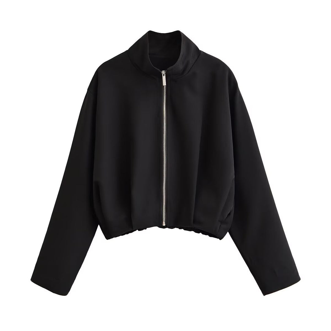 Women Short Boxy Jacket with Stand-up Collar and Visible Metal Zipper Mune Fashion