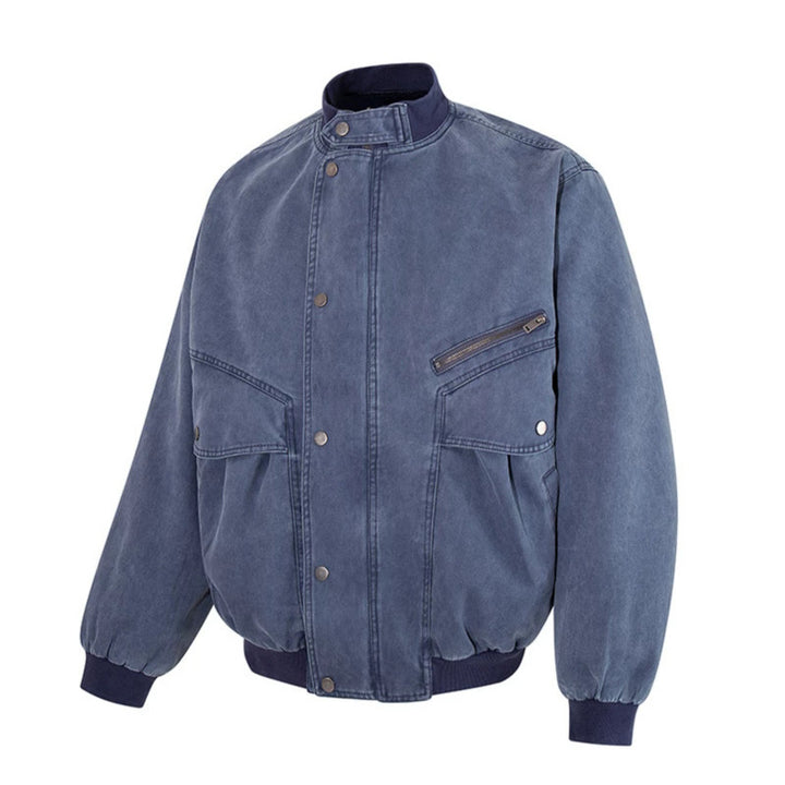 Men's Oversize Bomber Jacket in Vintage Wash with Stand Collar and Utility Pockets Mune Fashion