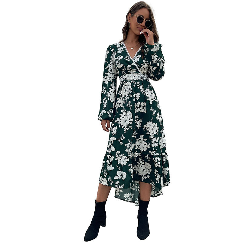 Ladies Elegant Maxi Dress with Floral Pattern and V-Neck Mune Fashion