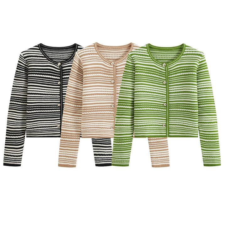 Women's Structured Stripe Fine Knit Cardigan with Decorative Buttons Mune Fashion