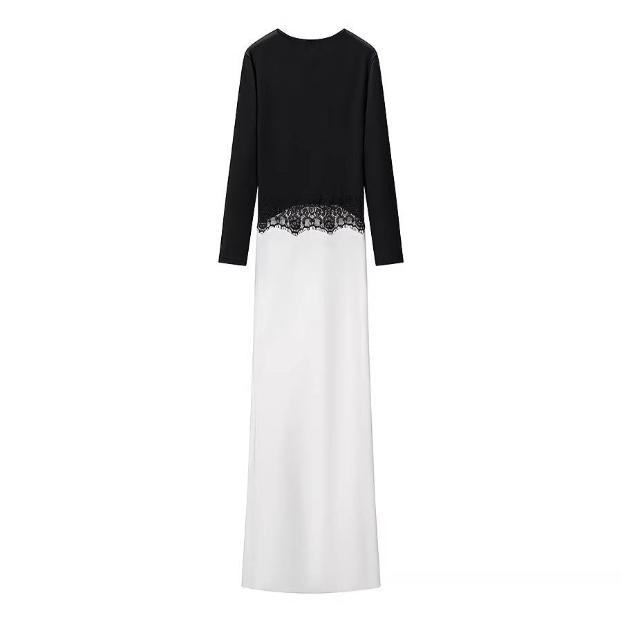 Women's maxi dress with lace insert, gathered front and flowing hem Mune Fashion