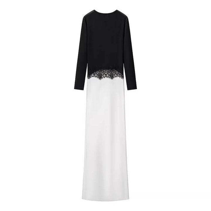 Women's maxi dress with lace insert, gathered front and flowing hem Mune Fashion