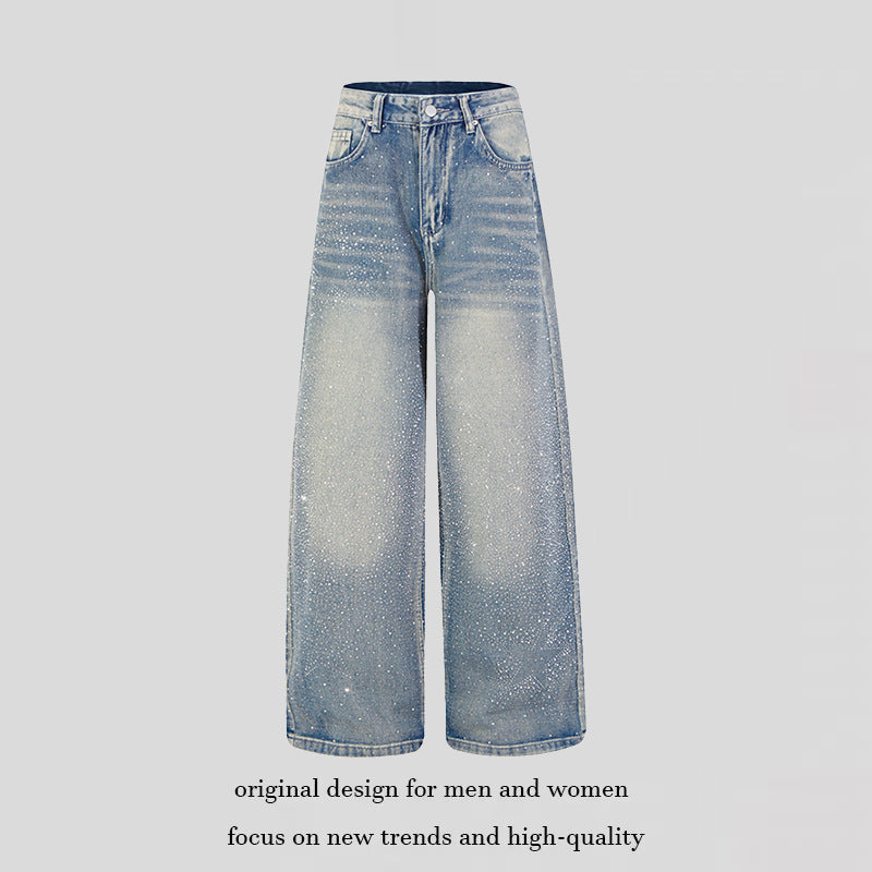 Women wide high-cut palazzo jeans with glitter effect and vintage wash Mune Fashion