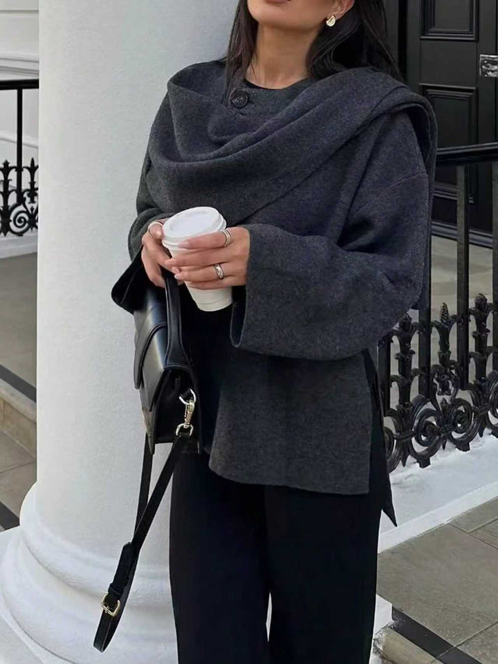 Women Oversize Wrap Poncho Coat with Wide Shawl Collar and One-Button Detail Mune Fashion