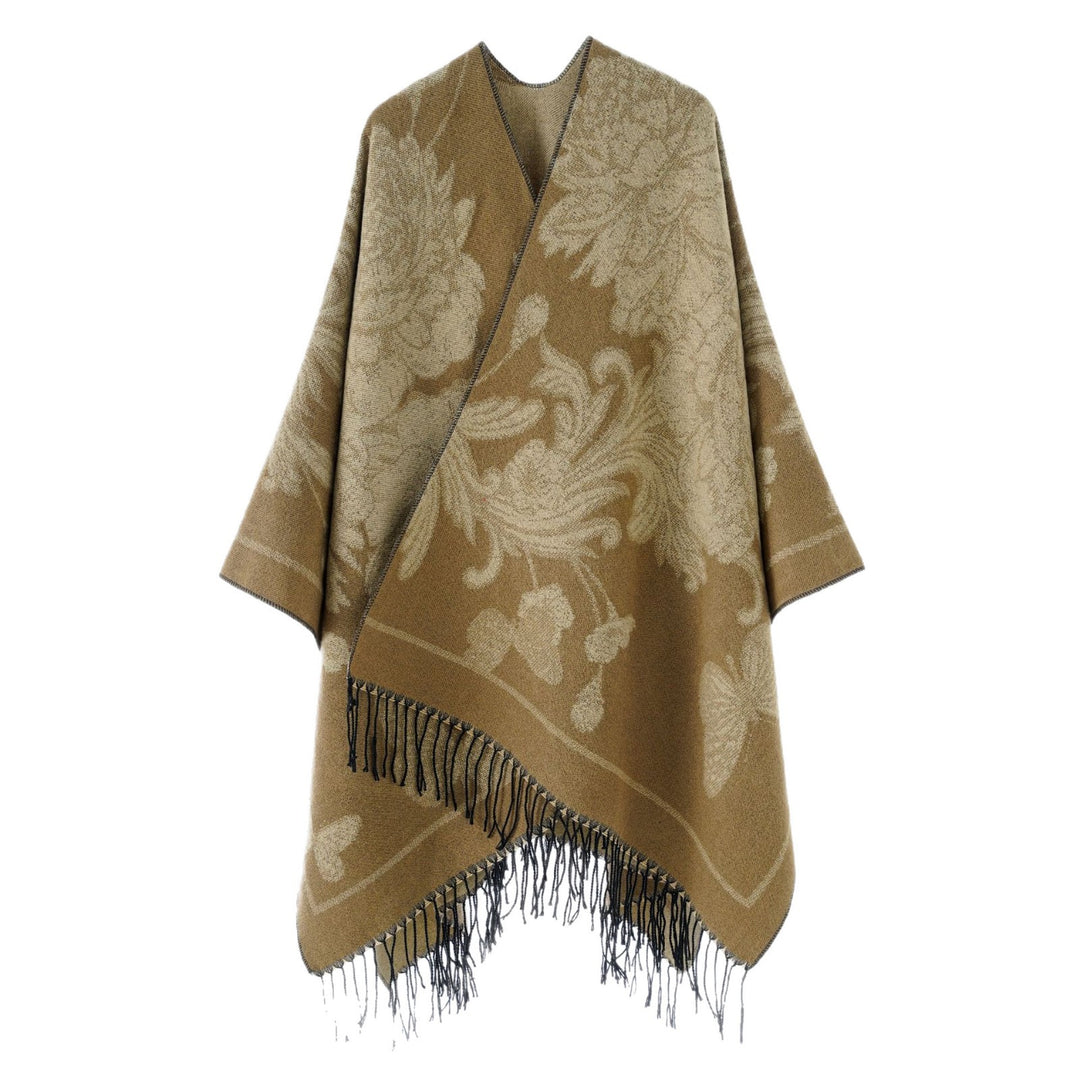 Women Reversible Knitted Cape-Poncho with Fringes and Contrasting Stripes Mune Fashion