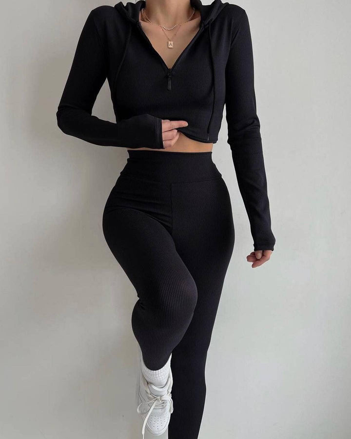 Women's fitted rib jersey half-zip set with tailored long sleeve and high-waist leggings Mune Fashion