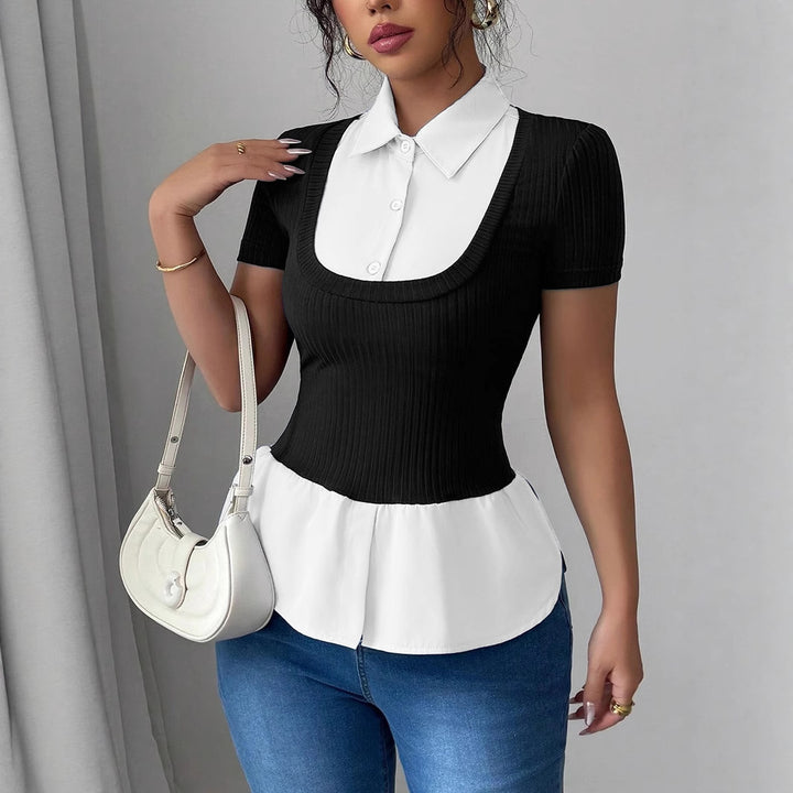 Women Short Sleeve Layering Top with Fake Shirt Collar and Ribbed Knit Body Mune Fashion