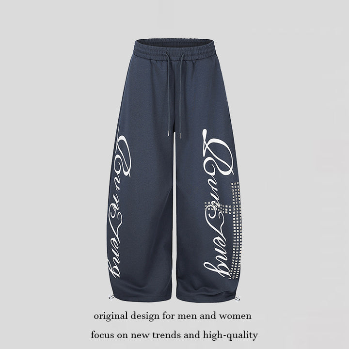 Women's Palazzo Sweatpants in Culotte Style with High Waist, Drawstring, Text Print and Rhinestone Trim Mune Fashion