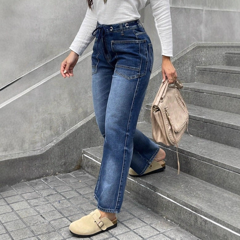Women's high-waisted jeans with straight leg, drawstring waistband, and patch pockets Mune Fashion