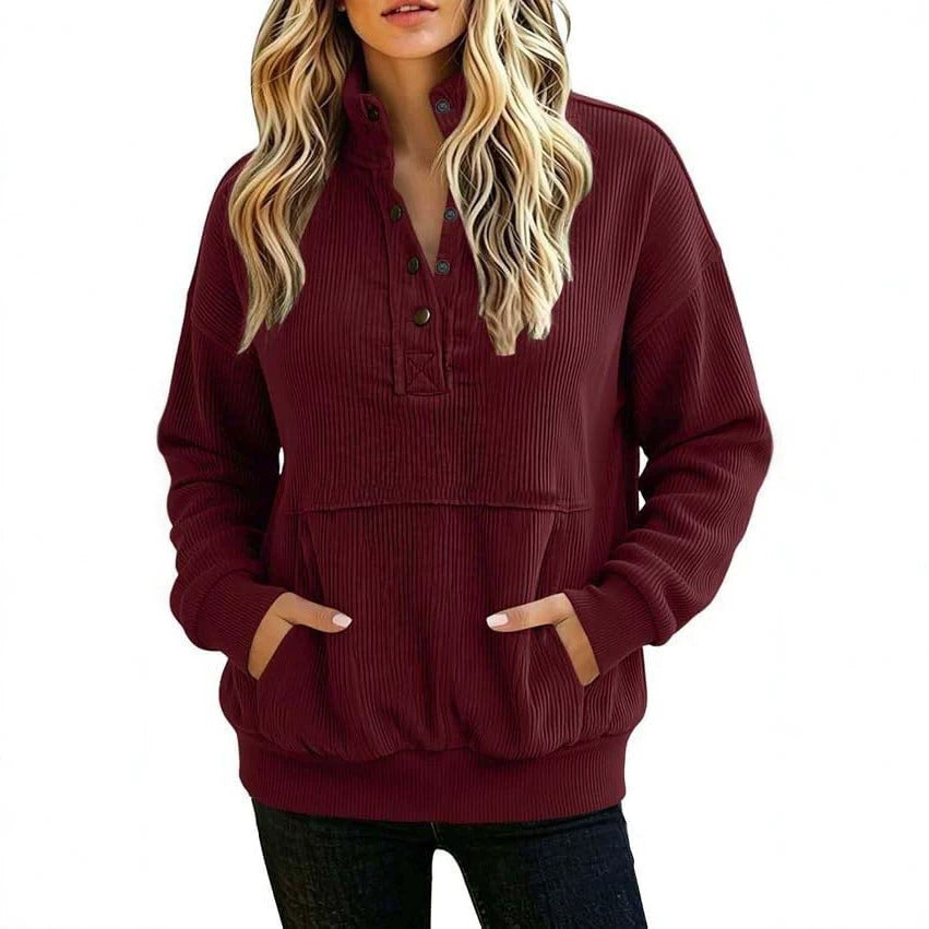 Women's ribbed Henley pullover with stand collar and kangaroo pocket Mune Fashion